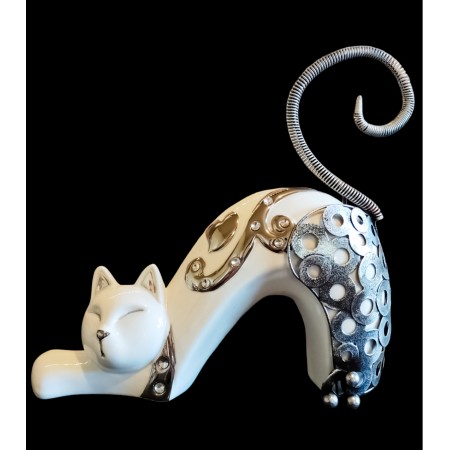 Decoratiune pisica din ceramica si metal "Curly Tail"