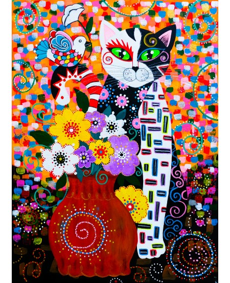 Tablou pictura pisica si vaza cu flori "Mocha"